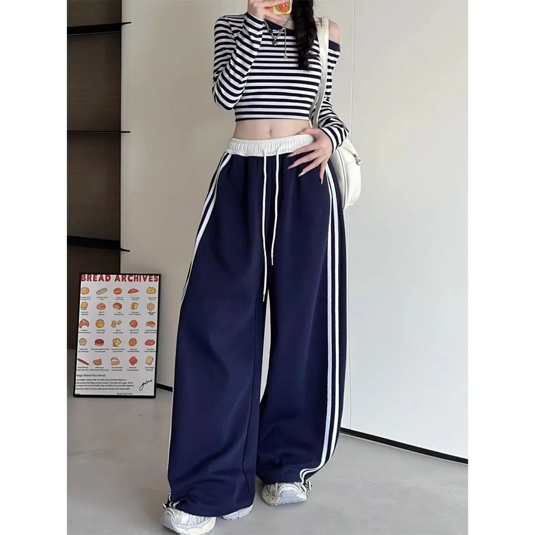 High Waist Wide Leg Pants Women's Spring Autumn New Style Loose American Knife Edge Sports Trousers Color Block Striped