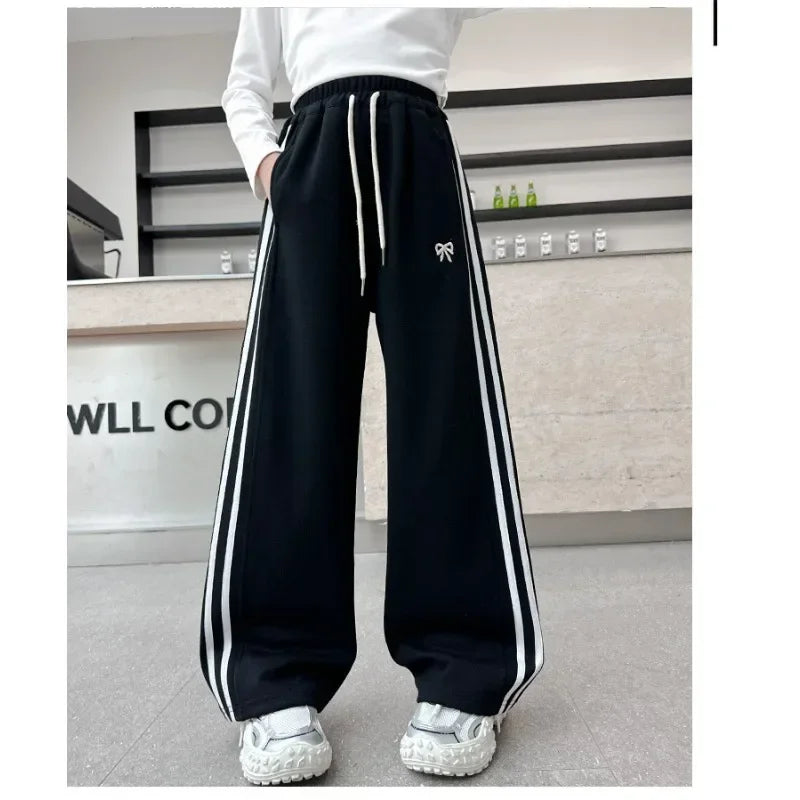 RAISE YOUNG 4-14Y Girls Sweatpant Side Striped Junior Girl Sports Pant Elastic Waist School Girl Straight Pant Dog Print Trouser