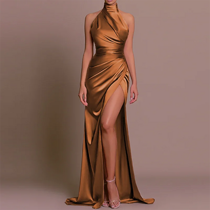 Summer New Half High Collar Halter Dress Elegant Slim Sleeveless Satin Evening Dress Chic Solid High Split Pleated Banquet Dress