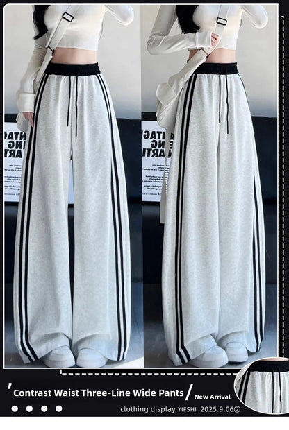 High Waist Wide Leg Pants Women's Spring Autumn New Style Loose American Knife Edge Sports Trousers Color Block Striped