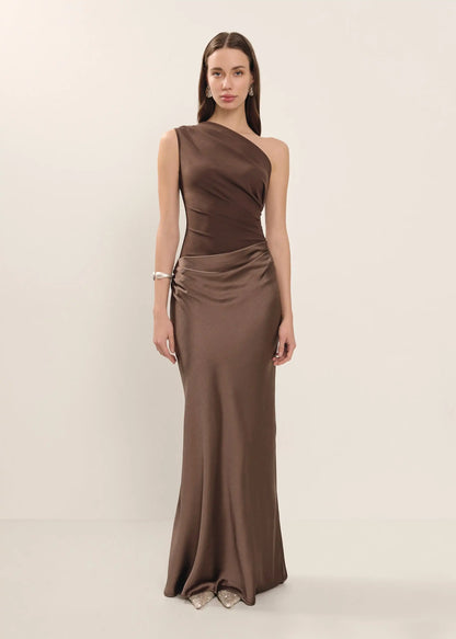 Luxary Solid Satin Maxi Dress Elegant One Shoulder Sleeveless High Waist Ruffle Robe 2025 New Summer Evening Party Clothing