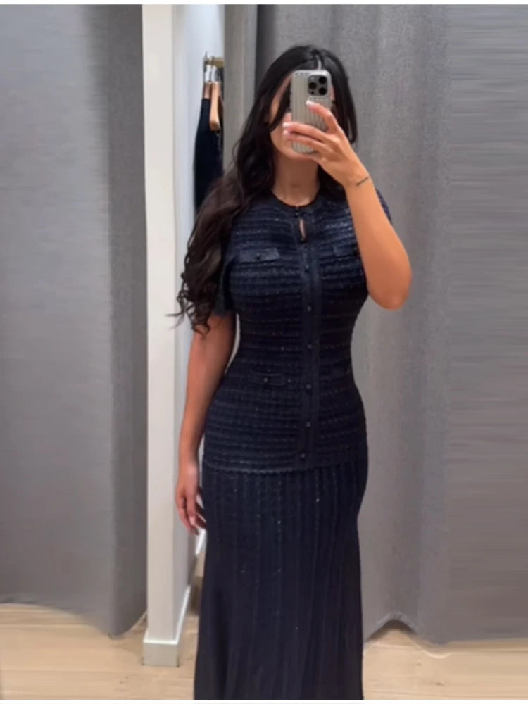 Summer Luxury Navy Blue Tweed Knit Maxi Dress Women Elegant Short Sleeve Button Front Pocket Mermaid Hem Formal Party Outfit New