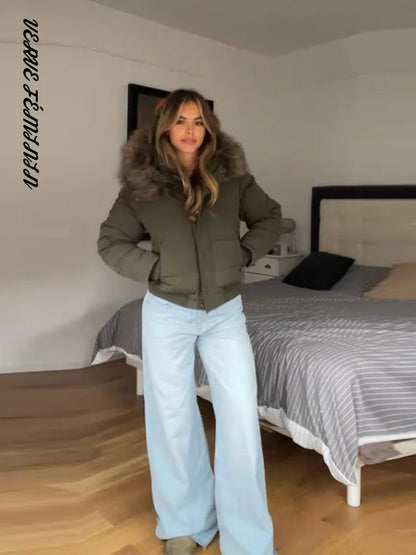 Hooded Faux Fur Collar Padded Coat Women Elegant Lantern Full Sleeve Single Breasted Pocket Ruched Winter Coats Chic Outerwears