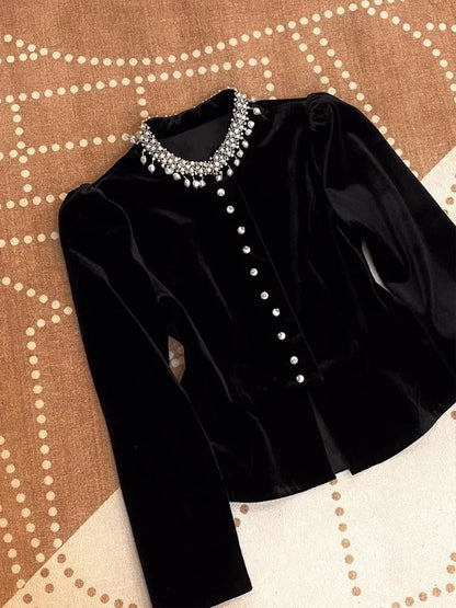 Blouses for Women Black Heavy Beading O-neck Puff Sleeve Shirts 2025 Blusas Mujer De Moda Slim Fit Velvet Vintage Blouse Tops
