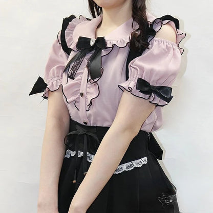 Sweet Lolita Fashion All Match Blouses Women Japanese Summer Y2k Aesthetic Ruffled Bow Shirts Girly Kawaii Patchwork Tops Blusas