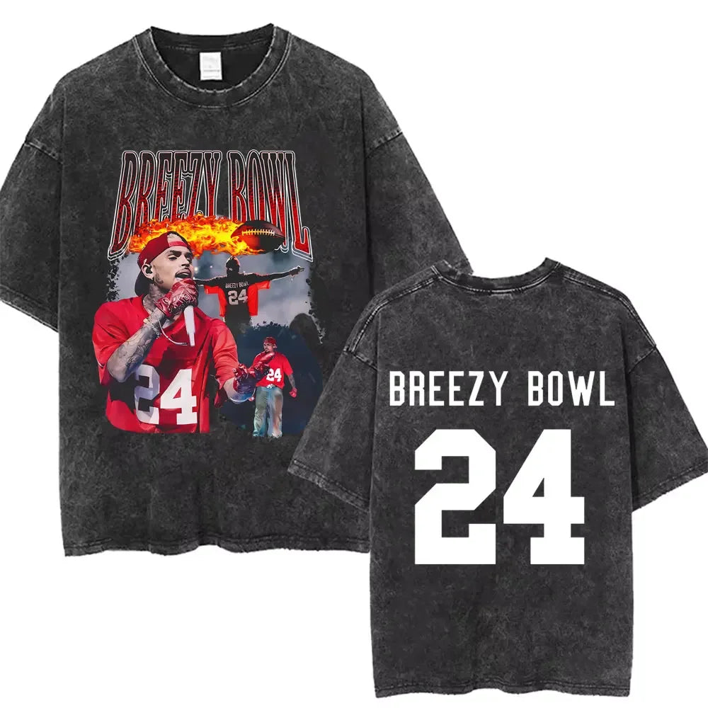 Vintage Washed Chris Brown Graphic T-shirt Breezy Bowl XX Tour 2025 Merch T Shirts Men Women Hip Hop Fashion Oversized T-shirts