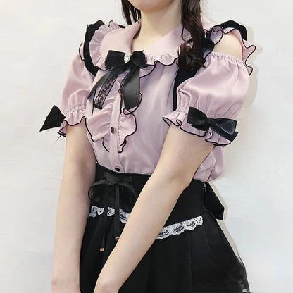 Sweet Lolita Fashion All Match Blouses Women Japanese Summer Y2k Aesthetic Ruffled Bow Shirts Girly Kawaii Patchwork Tops Blusas