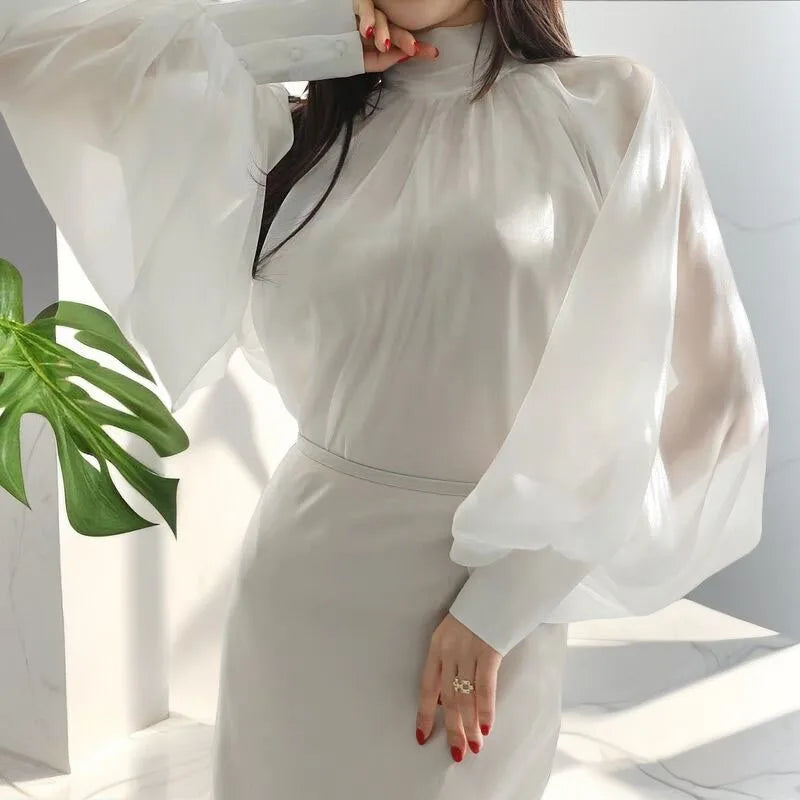 Ele Women's irt Design Spring Season Sa  Knot Chiffon Lantern Sve Top French Sle Loose Fit Long Sve