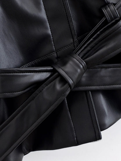 HH Women Vintage Motorcycle Jacket With Belt Faux Leather Trench Coat Long Sleeve Lapel Zipper Jacket Autumn High Street Outwear
