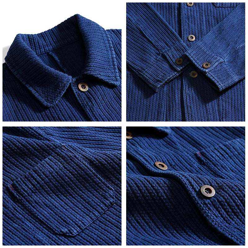 Indigo Cargo Jacket Men Vintage Heavy Weight Cotton Blue Dyed Workwear Tooling Jacket French Retro Multi-pocket Cardigan Coat