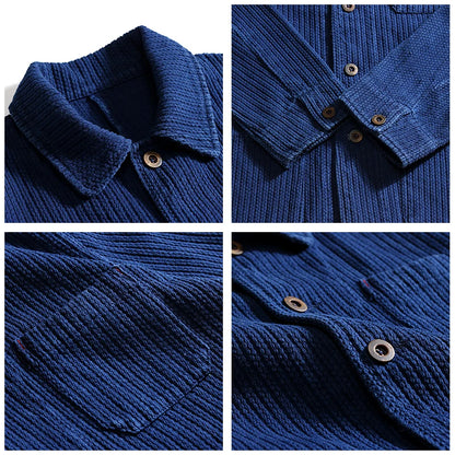 Indigo Cargo Jacket Men Vintage Heavy Weight Cotton Blue Dyed Workwear Tooling Jacket French Retro Multi-pocket Cardigan Coat