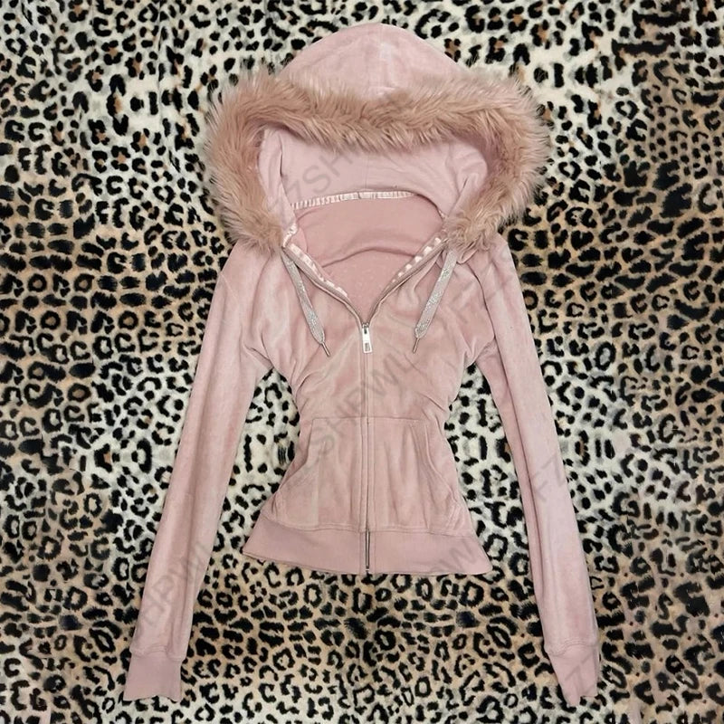 Y2K Harajuku Gothic Women's Hoodie Sexy Slim Chic Suede Fur Collar Letter Print Cardigan Sweatshirt Aesthetic Female Streetwear