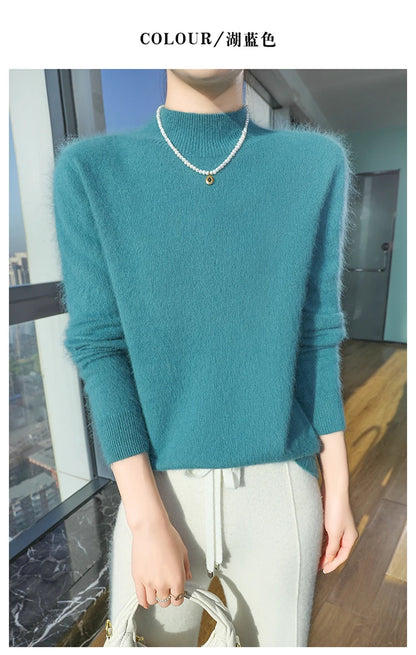 100% Pure Mink Cashmere Knitted Sweater Women's Semi-High Neck Loose Pullovers Casual Joker Warm Bottoming Shirt Autumn Blouse