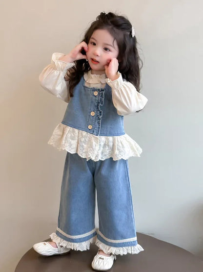 TZ2565/CS2567 Spring and Autumn Girls' Sleeveless Cowboy vest Set with Solid Color Lace Shirt Fashion New Product