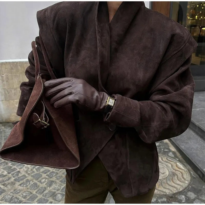 Single Breasted Buckle Casual Suede Jacket Women Chic Shoulder Pad Full Sleeve Lapel Slim Coat Autumn Lady New Highstreet Wear
