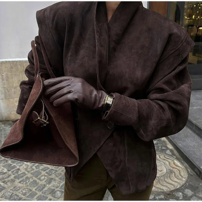 Single Breasted Buckle Casual Suede Jacket Women Chic Shoulder Pad Full Sleeve Lapel Slim Coat Autumn Lady New Highstreet Wear