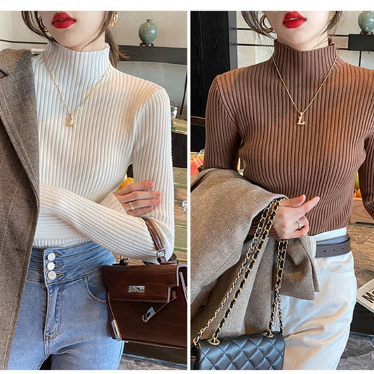 New Women's Elegant Solid Basic Knitted Tops Women Turtlneck Sweater Long Sleeve Casual Slim Pullover Fashion Simple Chic Tops