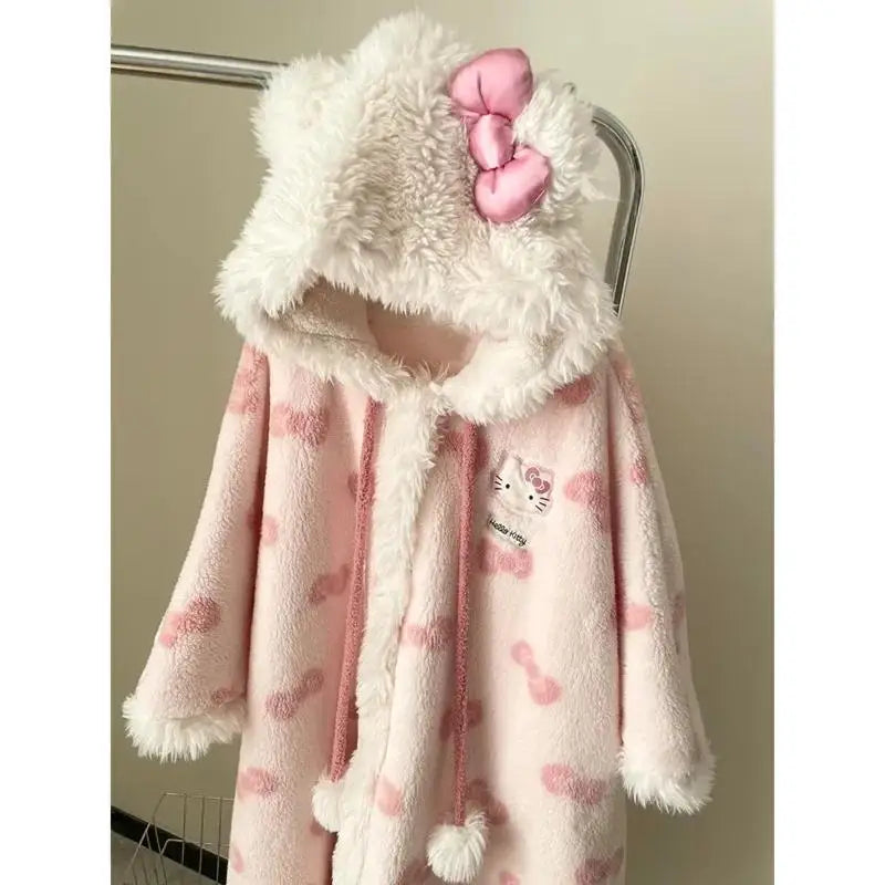 Miniso Kawaii Hellokitty Plush Robes Girls Cute Sanrio Anime Y2K Pajamas Hooded Blanket Casual Fleece Sleepwear Women Clothing