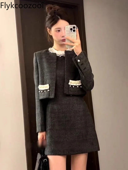 Fashion Design Nail Beads Sleeveless Dress Women 2024 New Autumn Short A-line Skirt Coat Set Women Commit Sexy Two Piece