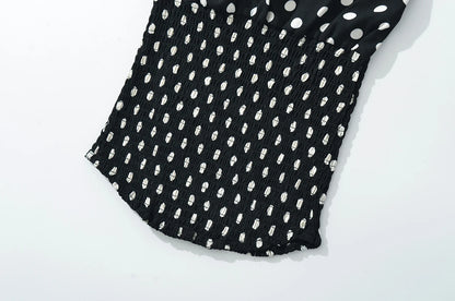 2025 Sexy Black White Polka Dot Halter Tank Top + Tie Bow Sashes Elastic Waist Ruched Ball Gown BUD Mini Skirt 2 Pieces 1 Set