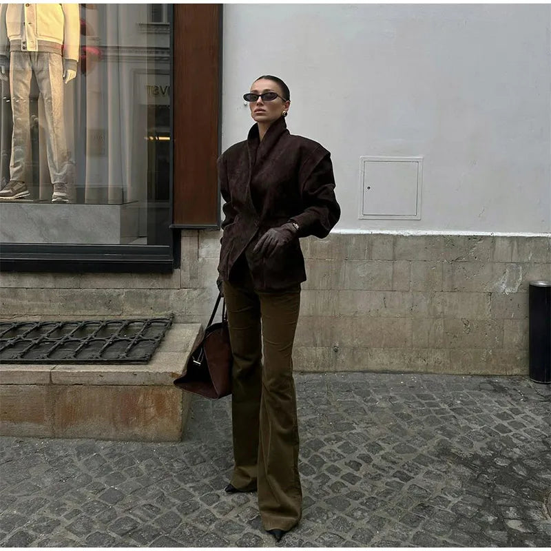 Single Breasted Buckle Casual Suede Jacket Women Chic Shoulder Pad Full Sleeve Lapel Slim Coat Autumn Lady New Highstreet Wear
