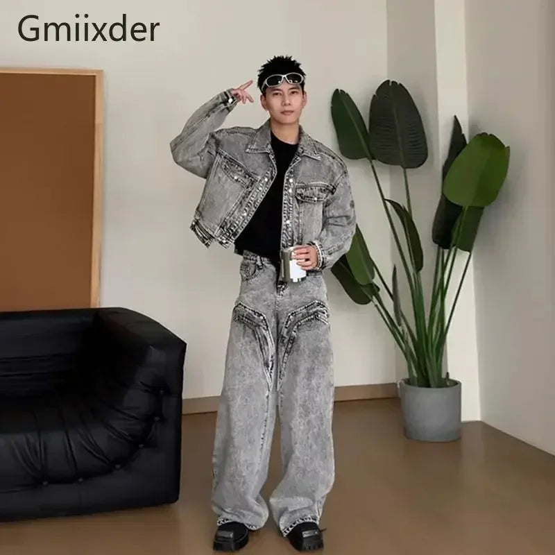American High-end Jeans Men Women Korean Streetwear Loose 2025 New Spring Autumn Wide-leg Pants Aesthetic Preppy Chic Denim Coat