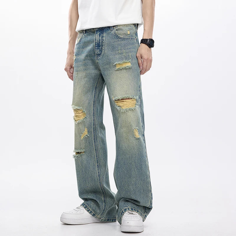 KSTUN Flared Jeans Men Booocut Jean Streetwear Denim Pants Ripped Hollow Out Vintage Jeans Men Distressed Frayed Americian Style