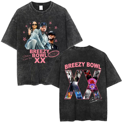 Vintage Washed Chris Brown Graphic T-shirt Breezy Bowl XX Tour 2025 Merch T Shirts Men Women Hip Hop Fashion Oversized T-shirts