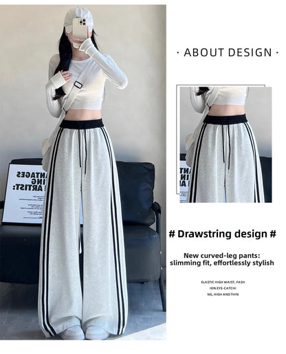 High Waist Wide Leg Pants Women's Spring Autumn New Style Loose American Knife Edge Sports Trousers Color Block Striped