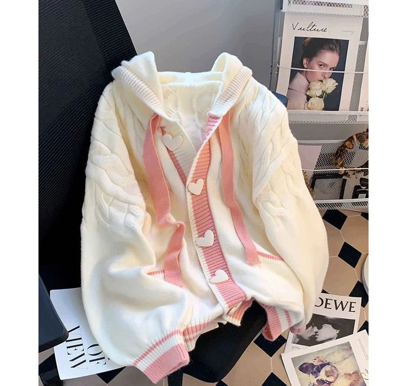 Cute Sweet Cardigan Sweaters Women Lazy Wind White Knitted Coats Long Sleeve Loose Female Japan Kawaii Elegant Hooded Tops