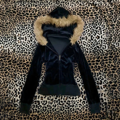 Y2K Harajuku Gothic Women's Hoodie Sexy Slim Chic Suede Fur Collar Letter Print Cardigan Sweatshirt Aesthetic Female Streetwear