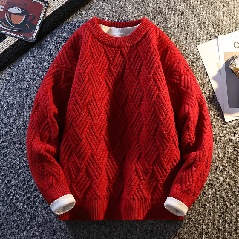 Knit Sweater Men Cable Pullover New Autumn Winter Diamond Pattern Loose Fit Solid Fashion Casual Streetwear Crew Neck Sweaters