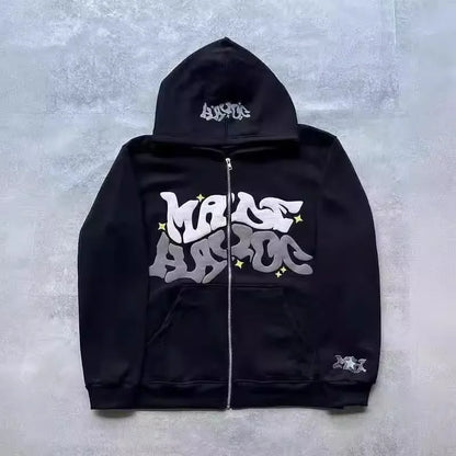 Retro Star and Letter Printed Zipper Hoodies 2025 Spring Autumn Harajuku Y2K Women and Men Fashion Hip Hop Long Sleeve Hooded