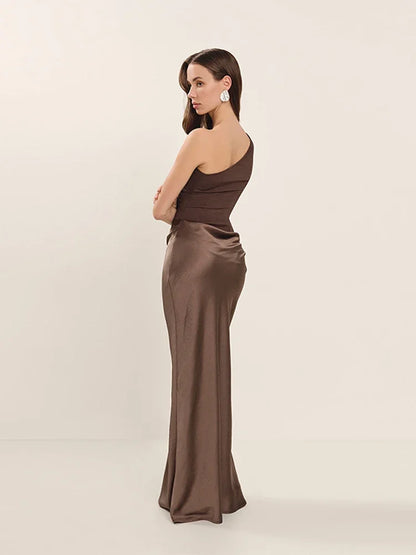 Luxary Solid Satin Maxi Dress Elegant One Shoulder Sleeveless High Waist Ruffle Robe 2025 New Summer Evening Party Clothing