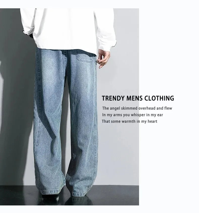 8XL New Wide Leg Washing Jean Pants Men Trousers Neutral Solid Color Loose Casual Straight Outdoor Fashion Plus Size Pants
