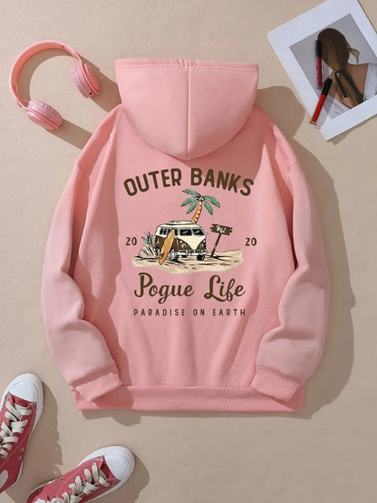 Cozy Hoodie Women's Casual Hoodie  Outer Banks Pogue Life Letter Print  Beach Graphic Kangaroo Pocket Cozy Autumn Apparel Trendy