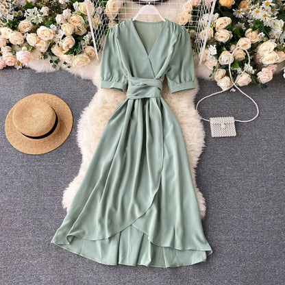 Women's Dress Spring New Temperament V-neck Solid Color Bubble Short-sleeved Irregular Ruffle Edge Lacing Dress Leisure Vestidos