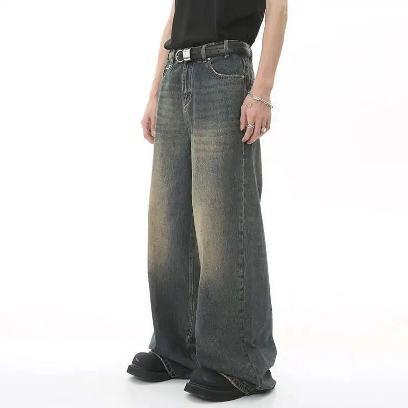 IEFB Vintage Camouflage Men's Jeans Fashion Washed Casual Wide Leg Denim Pants Autumn Winter Loose Male Trousers Old Blue 9C354