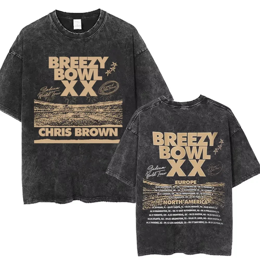 Vintage Washed Chris Brown Graphic T-shirt Breezy Bowl XX Tour 2025 Merch T Shirts Men Women Hip Hop Fashion Oversized T-shirts