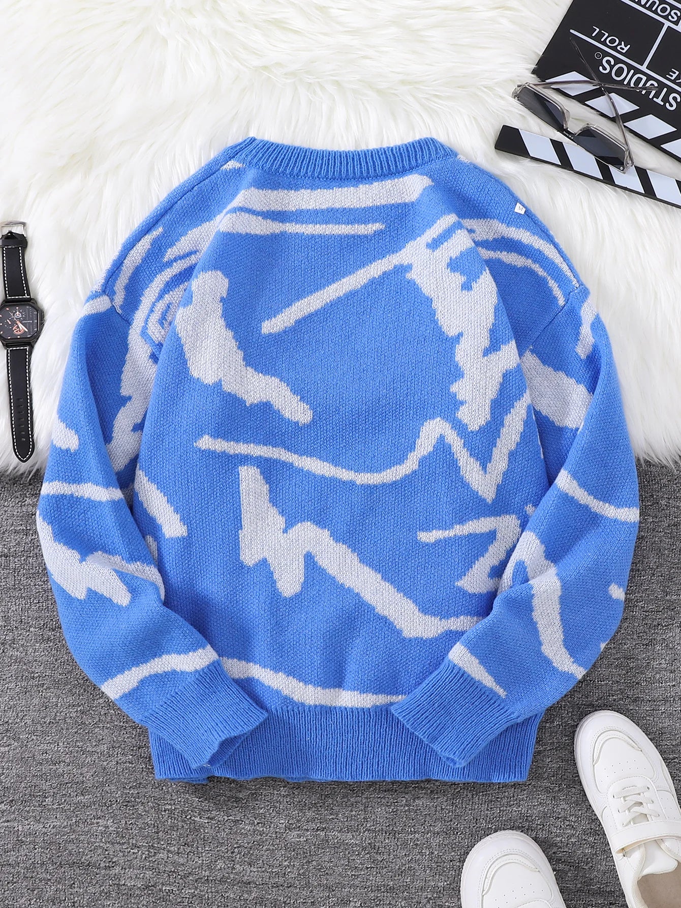 New Popular Spring Autumn Graffiti Jacquard Pattern Pullover Sweater Casual Round Neck Contrast Color Knitted Men's Pullover