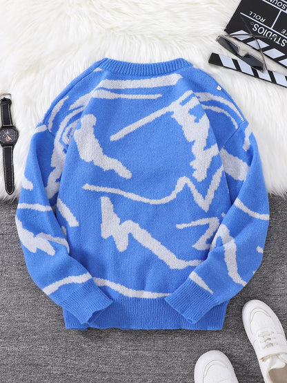 New Popular Spring Autumn Graffiti Jacquard Pattern Pullover Sweater Casual Round Neck Contrast Color Knitted Men's Pullover