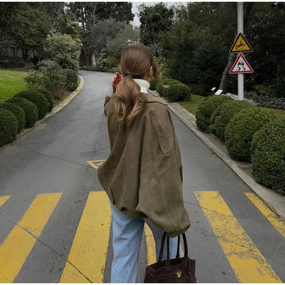 Single Breasted Buckle Casual Suede Jacket Women Chic Shoulder Pad Full Sleeve Lapel Slim Coat Autumn Lady New Highstreet Wear