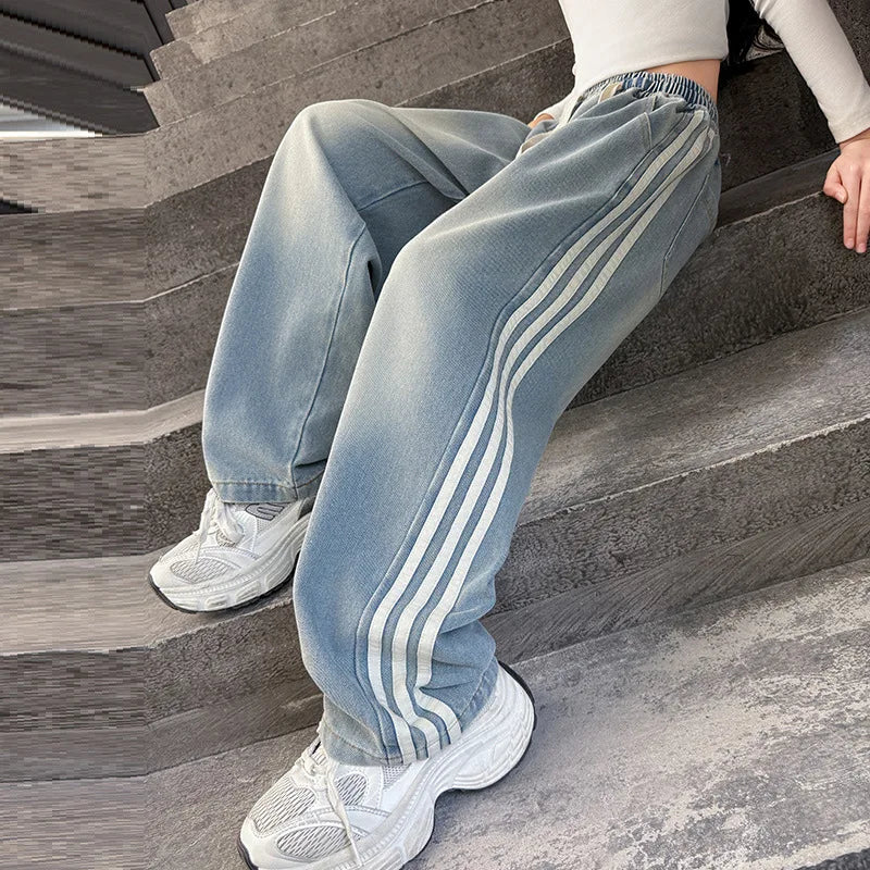 Girls' striped Jeans Spring Children's Fashionable wide leg pants Korean version Autumn medium and large Kids versatile Pants