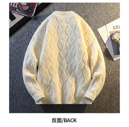 Knit Sweater Men Cable Pullover New Autumn Winter Diamond Pattern Loose Fit Solid Fashion Casual Streetwear Crew Neck Sweaters
