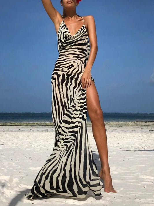 Yiiciovy Sexy Women's Split Beach Long Dress Cover-Ups Zebra Stripe/Leopard Print Summer Backless Dress for Beachwear Streetwear