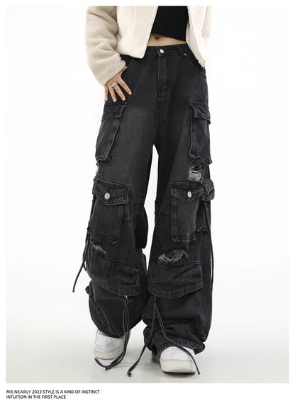 Women Y2k American Retro Mutil Pockets Cargo Jeans 90s Vintage 2000s Jean Pants Trashy Clothes 2025 Black Baggy Cargo Jeans