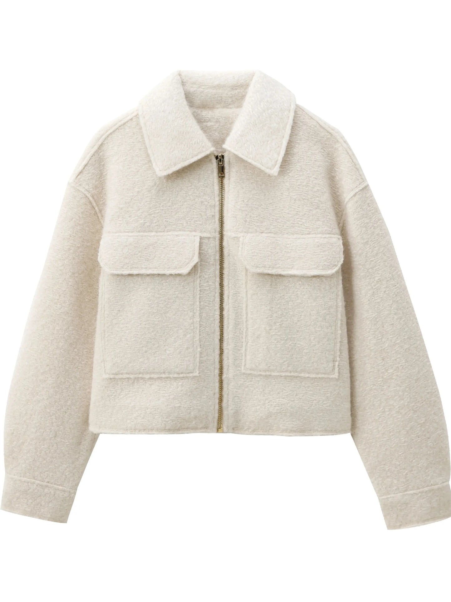 XNWMNZ 2024 Women's Fashion Autumn/Winter crop jacket Women Retro lapel neck long sleeve flaps patch pockets zipper female coat