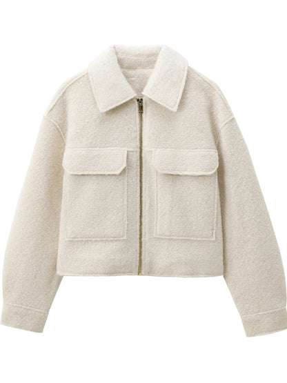 XNWMNZ 2024 Women's Fashion Autumn/Winter crop jacket Women Retro lapel neck long sleeve flaps patch pockets zipper female coat