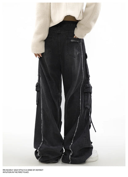 Women Y2k American Retro Mutil Pockets Cargo Jeans 90s Vintage 2000s Jean Pants Trashy Clothes 2025 Black Baggy Cargo Jeans