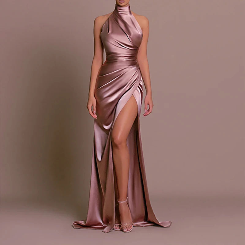 Summer New Half High Collar Halter Dress Elegant Slim Sleeveless Satin Evening Dress Chic Solid High Split Pleated Banquet Dress